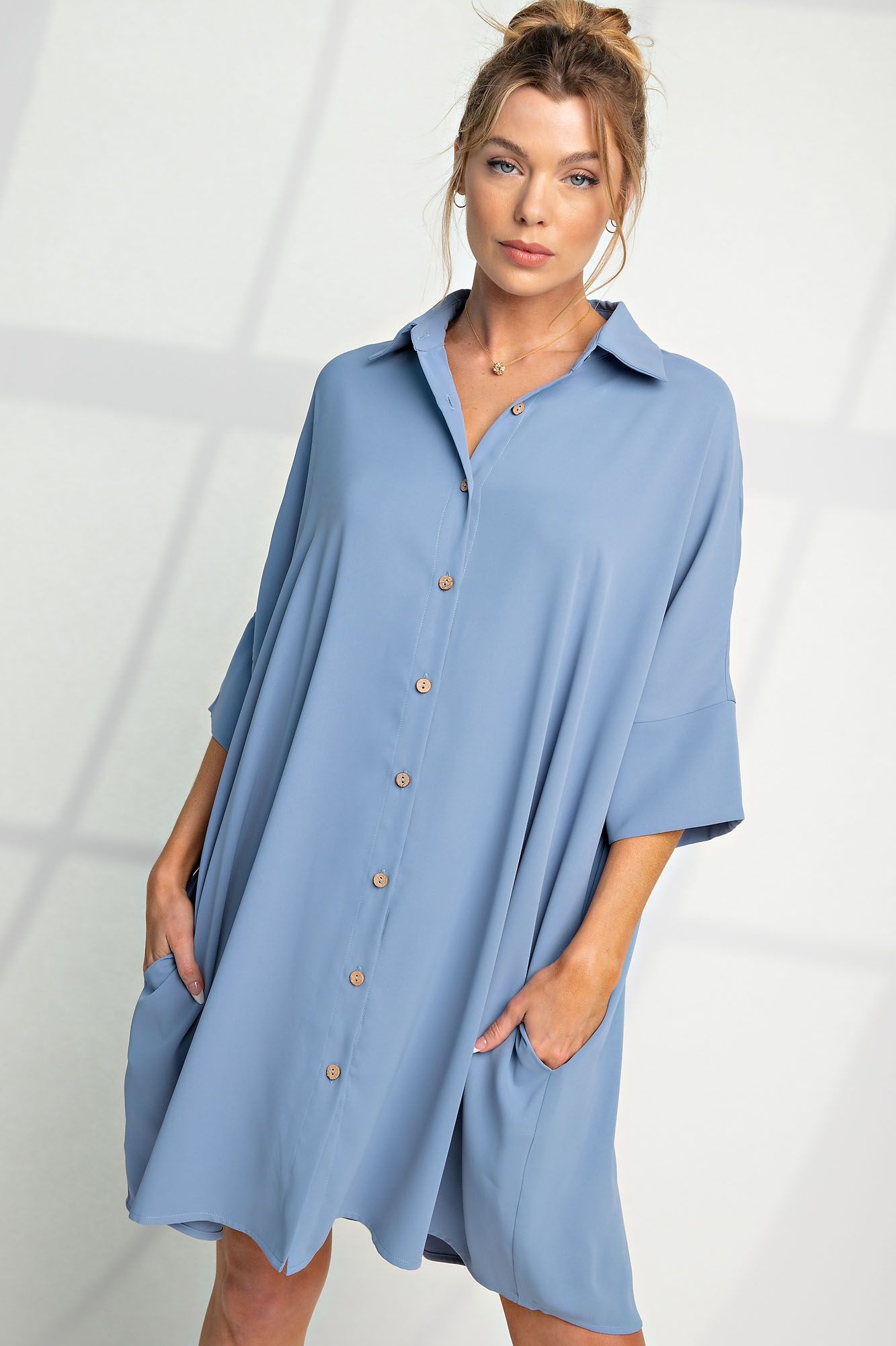 Meet Me Halfway Button Down Shirt Dress in Pale Blue