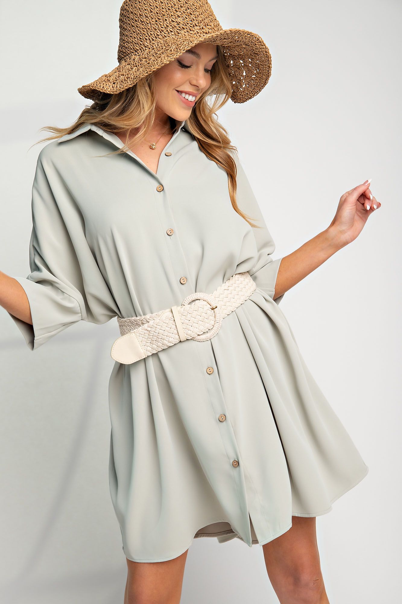 Meet Me Halfway Button Down Shirt Dress in Sage