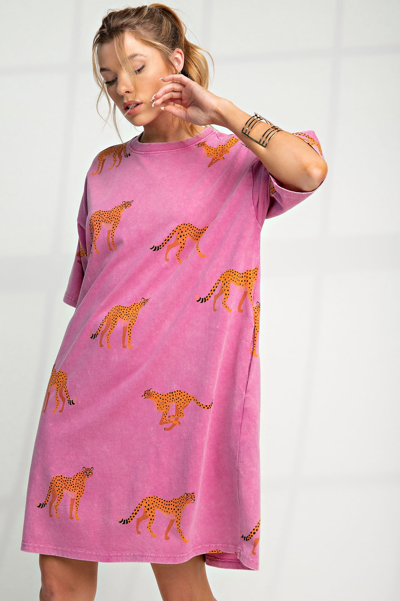 In the Wild Mineral Washed Cheetah Print T Shirt Dress in Magenta
