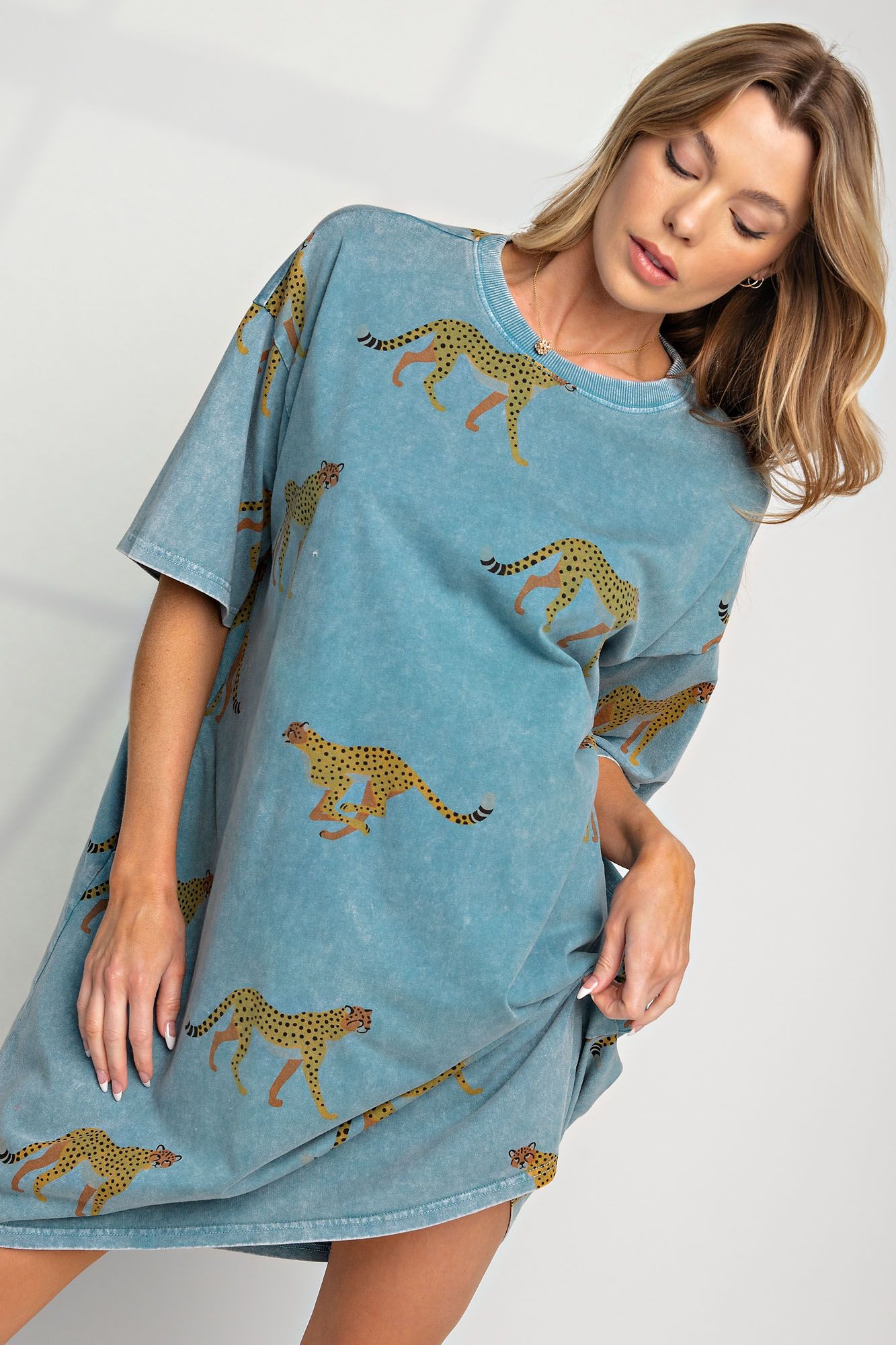 In the Wild Mineral Washed Cheetah Print T Shirt Dress in Washed Denim