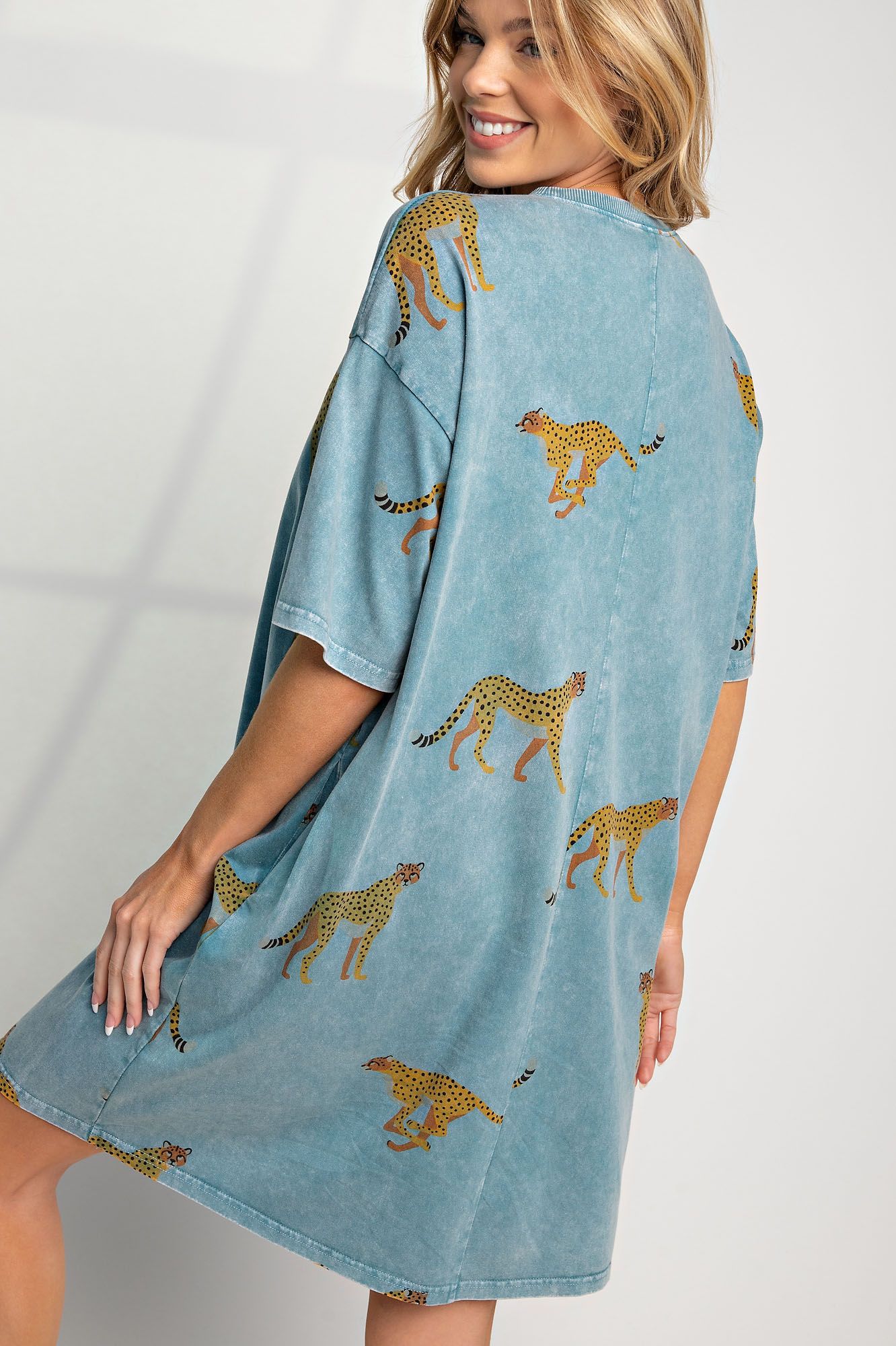 In the Wild Mineral Washed Cheetah Print T Shirt Dress in Washed Denim