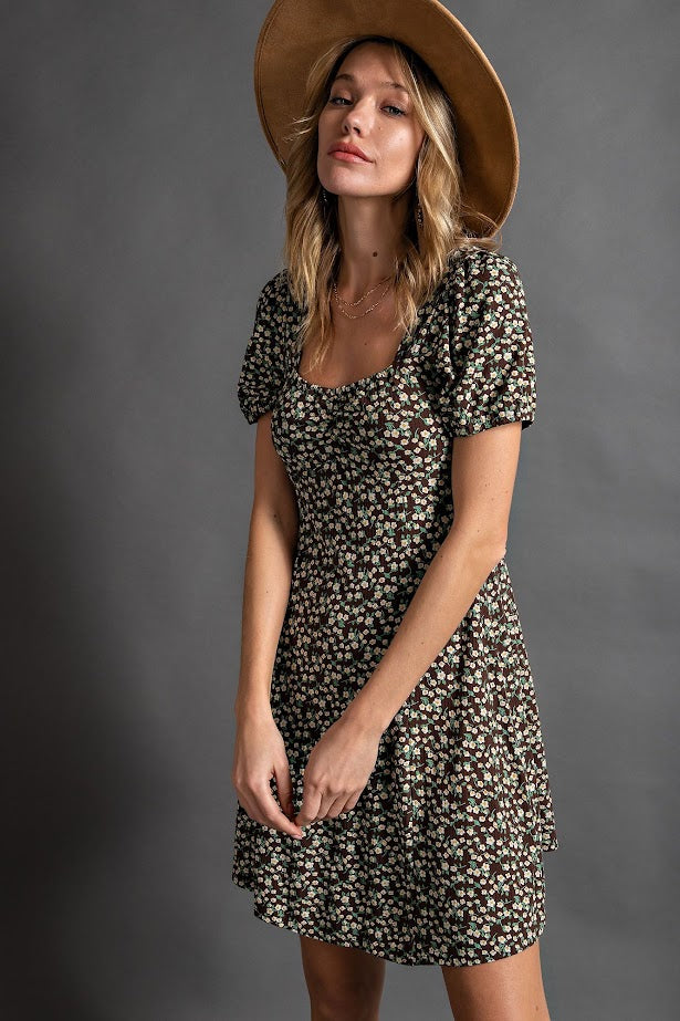 Superbloom Sweetheart Floral Rib Knit Dress in Coffee