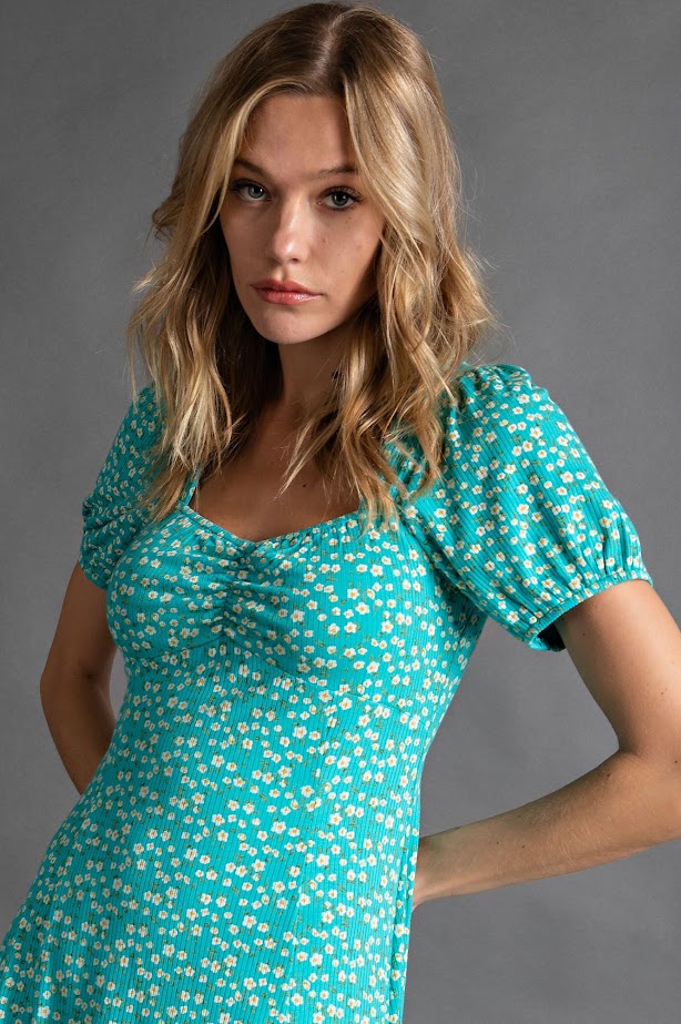 Superbloom Sweetheart Floral Rib Knit Dress in Turquoise