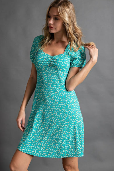 Superbloom Sweetheart Floral Rib Knit Dress in Turquoise