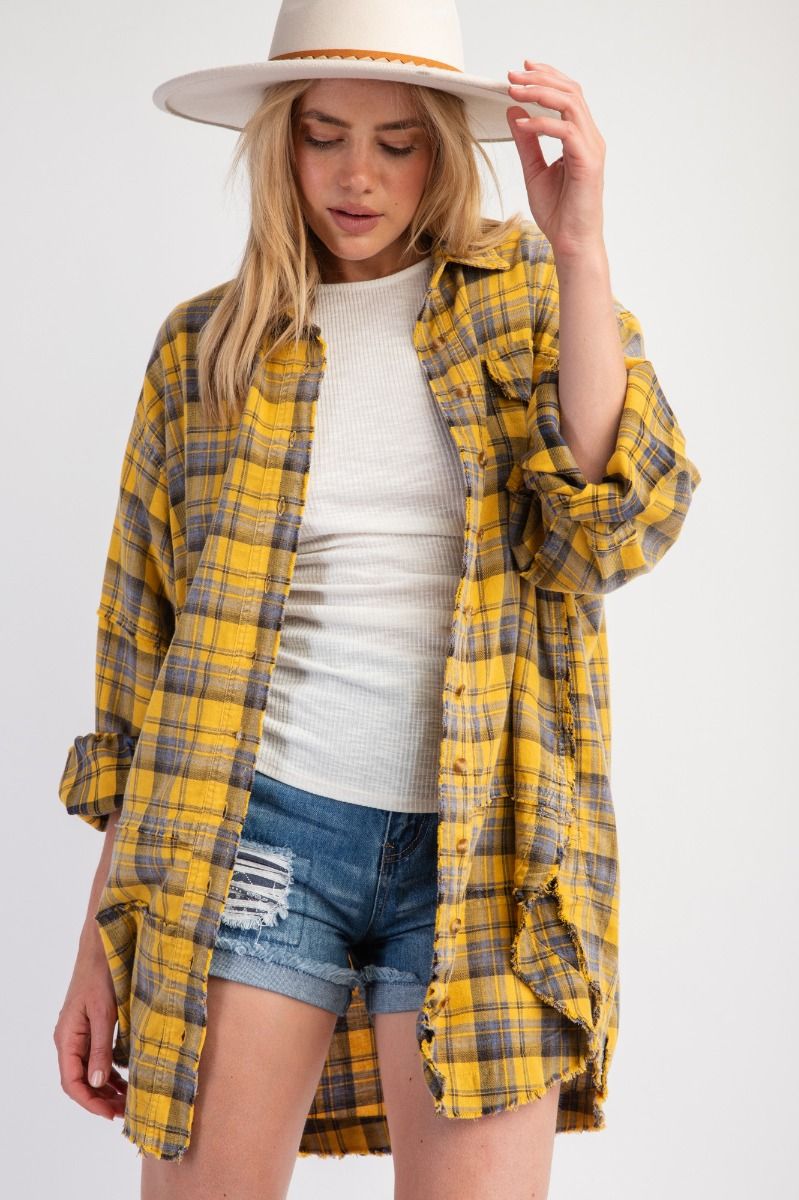 *** IN STOCK*** The Perfect Plaid Oversized Mineral Washed Shirt in Mustard