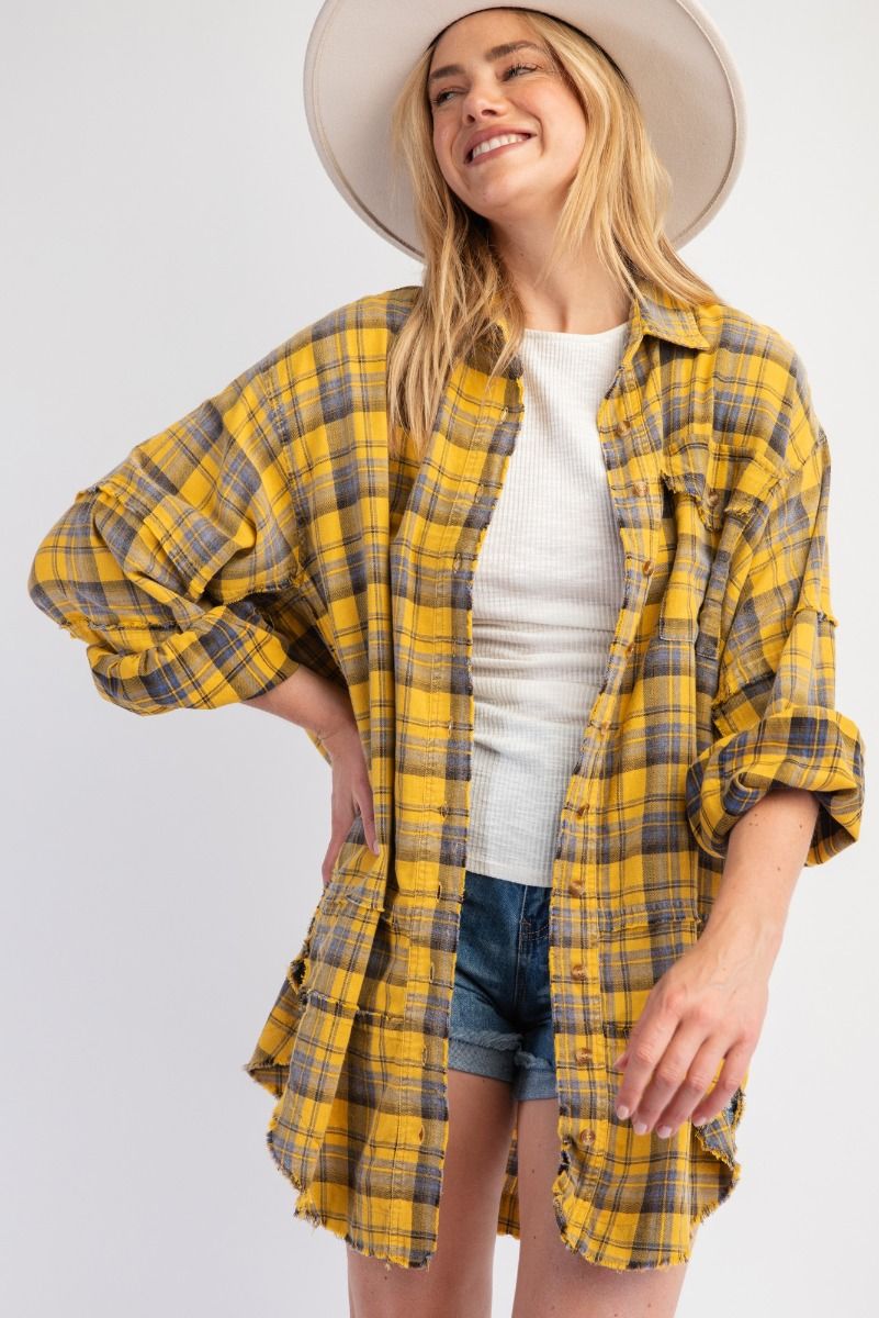 *** IN STOCK*** The Perfect Plaid Oversized Mineral Washed Shirt in Mustard