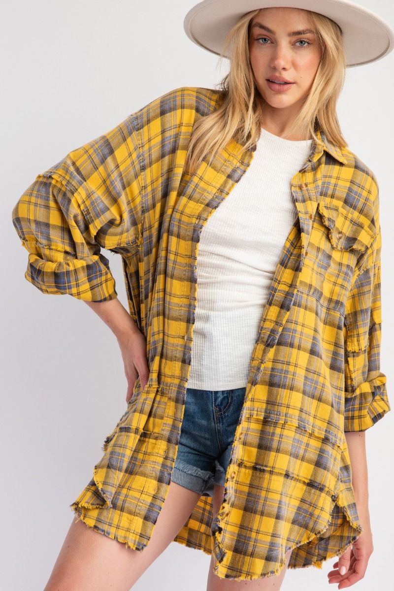 *** IN STOCK*** The Perfect Plaid Oversized Mineral Washed Shirt in Mustard