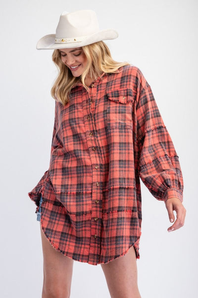 ***PREORDER*** The Perfect Plaid Oversized Mineral Washed Shirt in Pinkish Coral