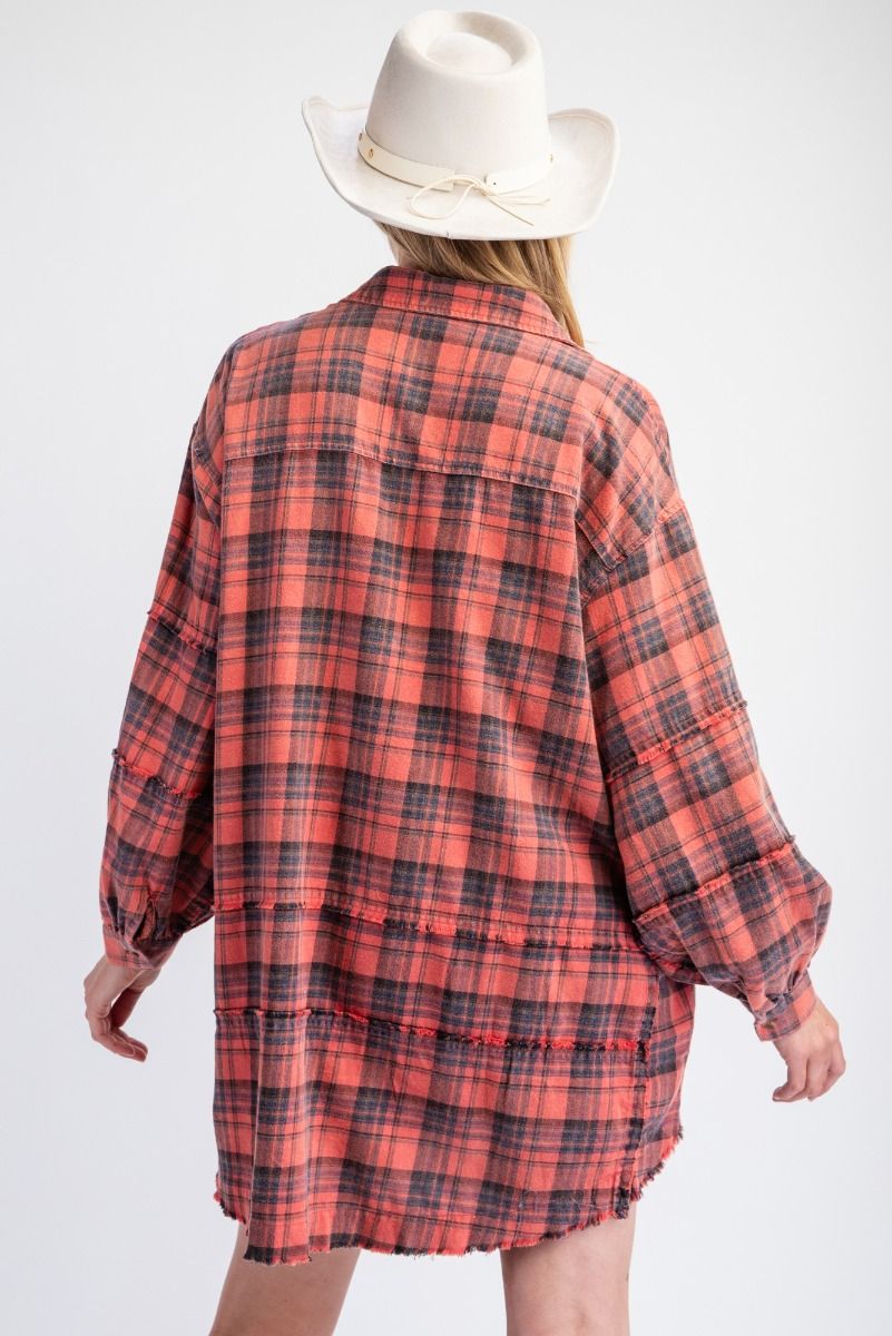 ***PREORDER*** The Perfect Plaid Oversized Mineral Washed Shirt in Pinkish Coral