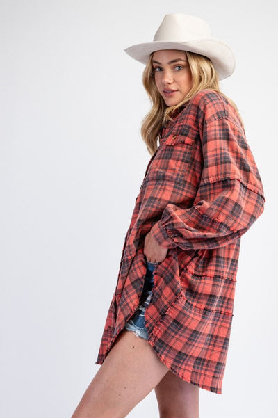 ***PREORDER*** The Perfect Plaid Oversized Mineral Washed Shirt in Pinkish Coral