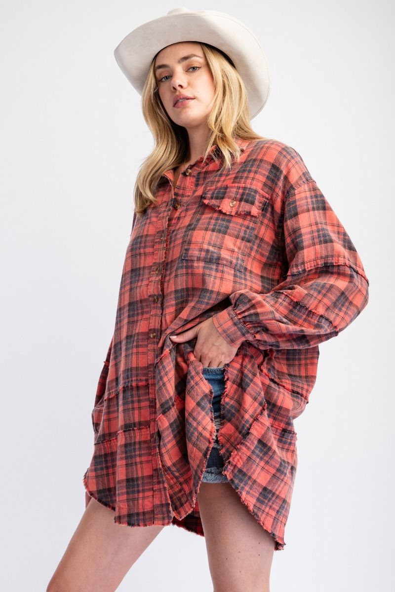 ***PREORDER*** The Perfect Plaid Oversized Mineral Washed Shirt in Pinkish Coral