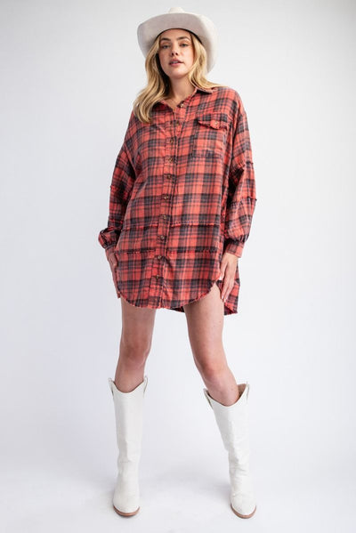 ***PREORDER*** The Perfect Plaid Oversized Mineral Washed Shirt in Pinkish Coral