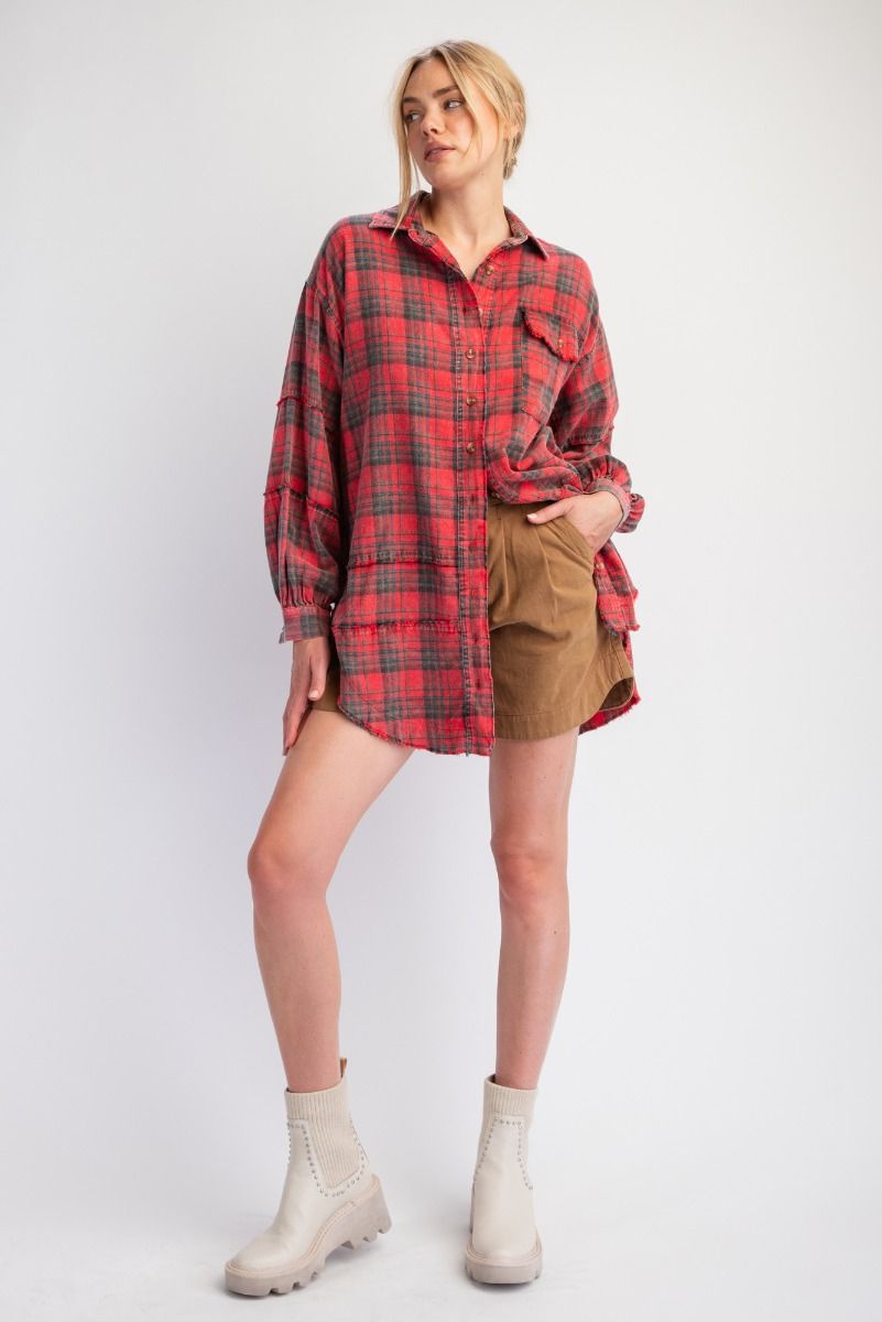 The Perfect Plaid Oversized Mineral Washed Shirt in Redfoam