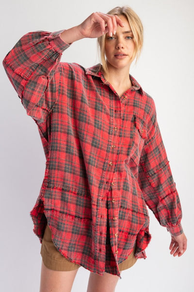 The Perfect Plaid Oversized Mineral Washed Shirt in Redfoam