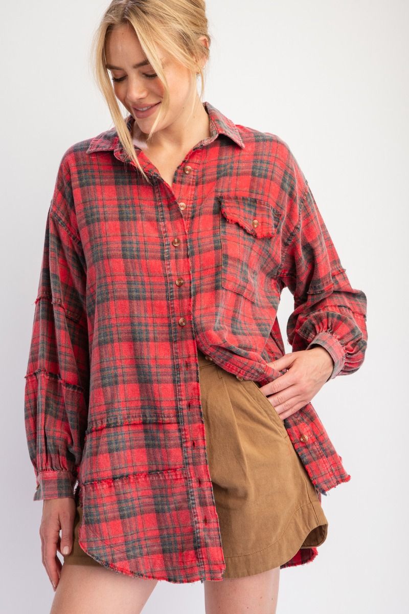 The Perfect Plaid Oversized Mineral Washed Shirt in Redfoam