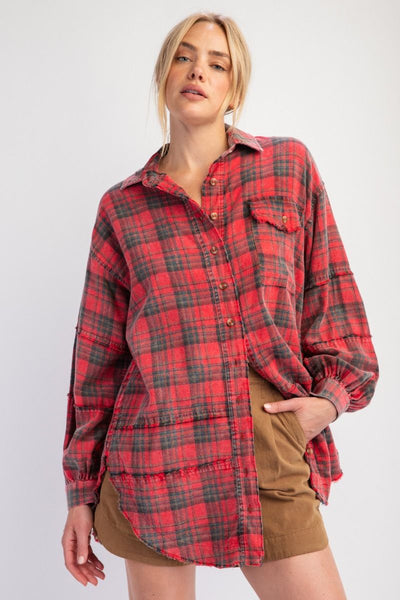 The Perfect Plaid Oversized Mineral Washed Shirt in Redfoam