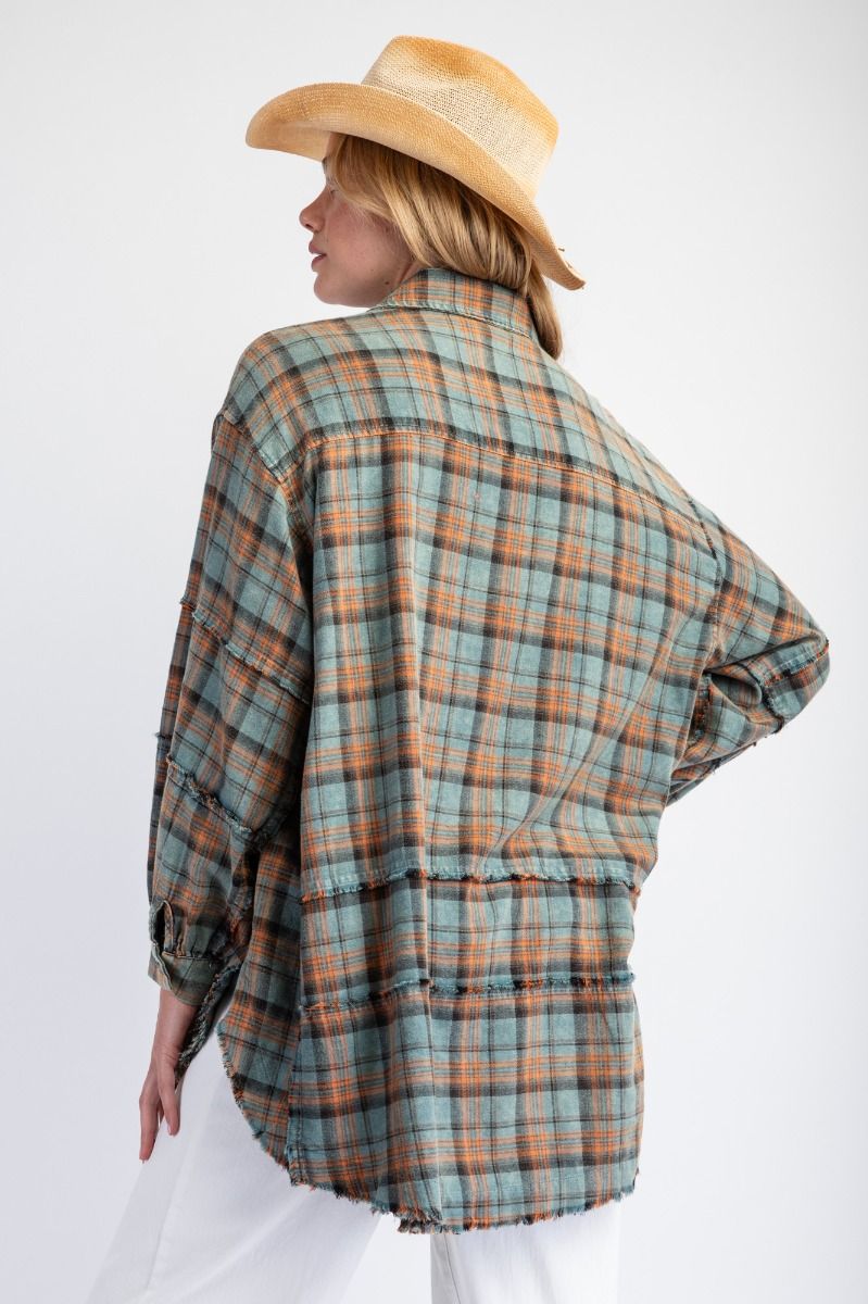 ***PREORDER*** The Perfect Plaid Oversized Mineral Washed Shirt in Vintage Teal