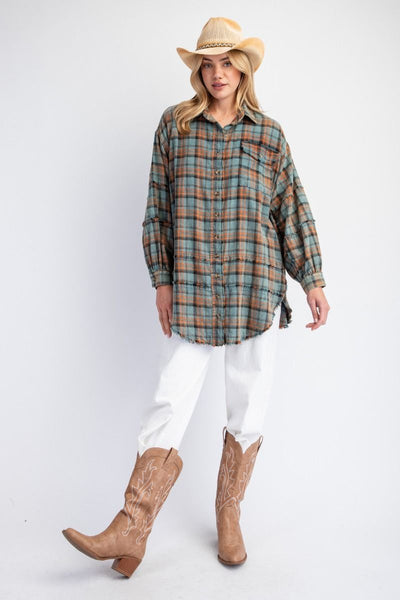***PREORDER*** The Perfect Plaid Oversized Mineral Washed Shirt in Vintage Teal