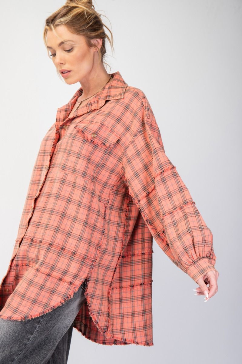 ***PREORDER*** The Perfect Plaid Oversized Mineral Washed Shirt in Coral Cream