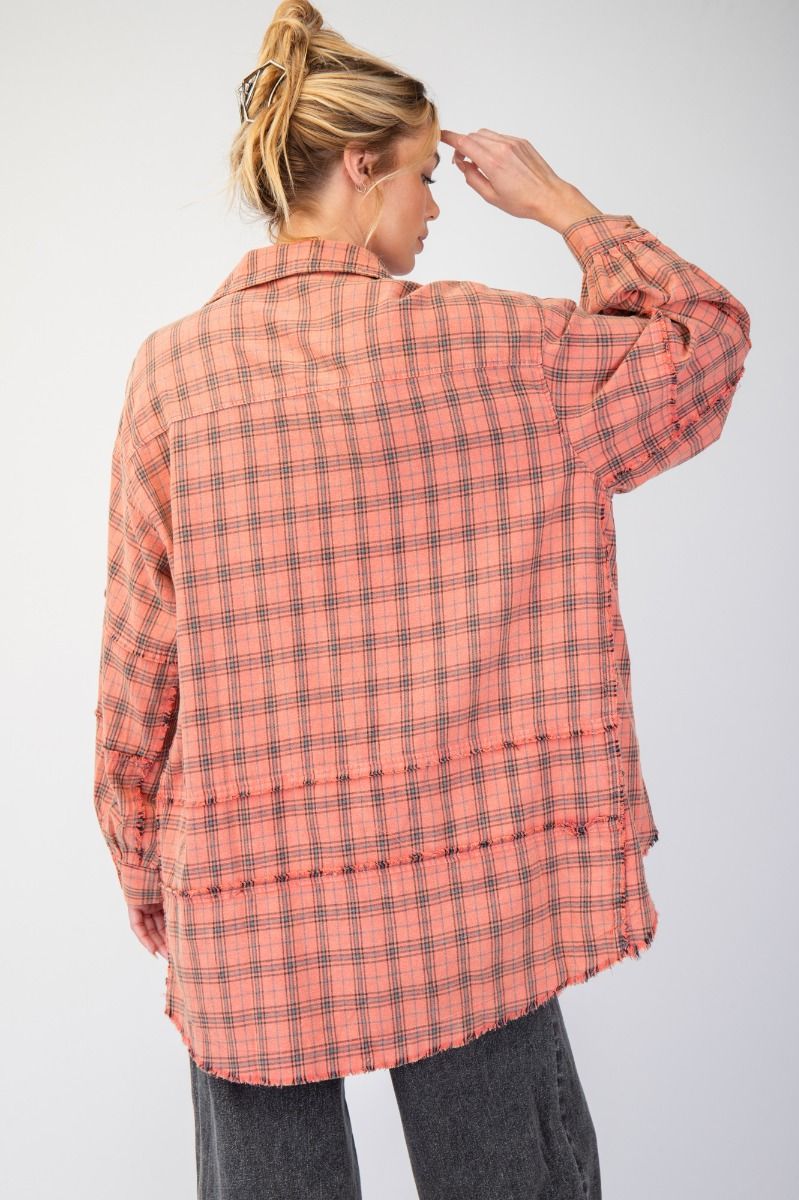 ***PREORDER*** The Perfect Plaid Oversized Mineral Washed Shirt in Coral Cream