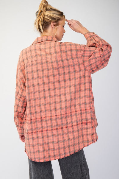 ***PREORDER*** The Perfect Plaid Oversized Mineral Washed Shirt in Coral Cream