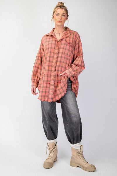 ***PREORDER*** The Perfect Plaid Oversized Mineral Washed Shirt in Coral Cream