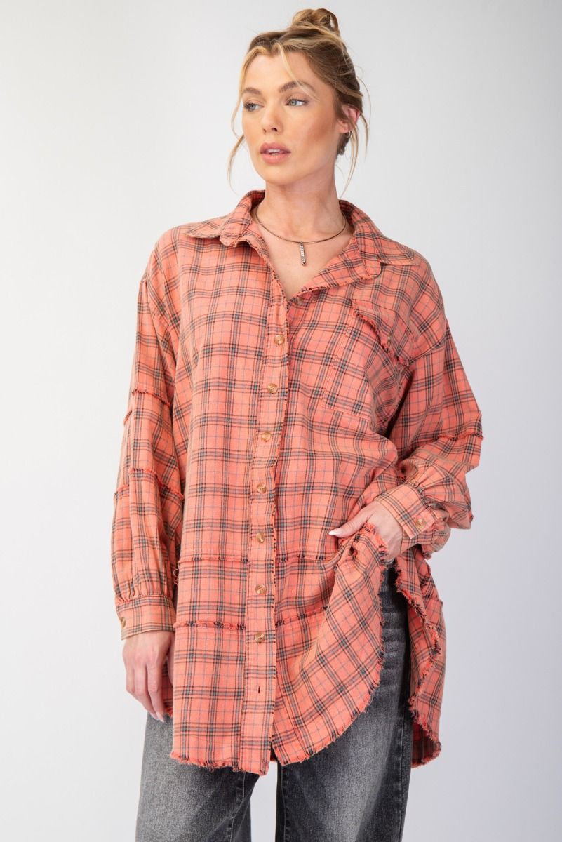 ***PREORDER*** The Perfect Plaid Oversized Mineral Washed Shirt in Coral Cream