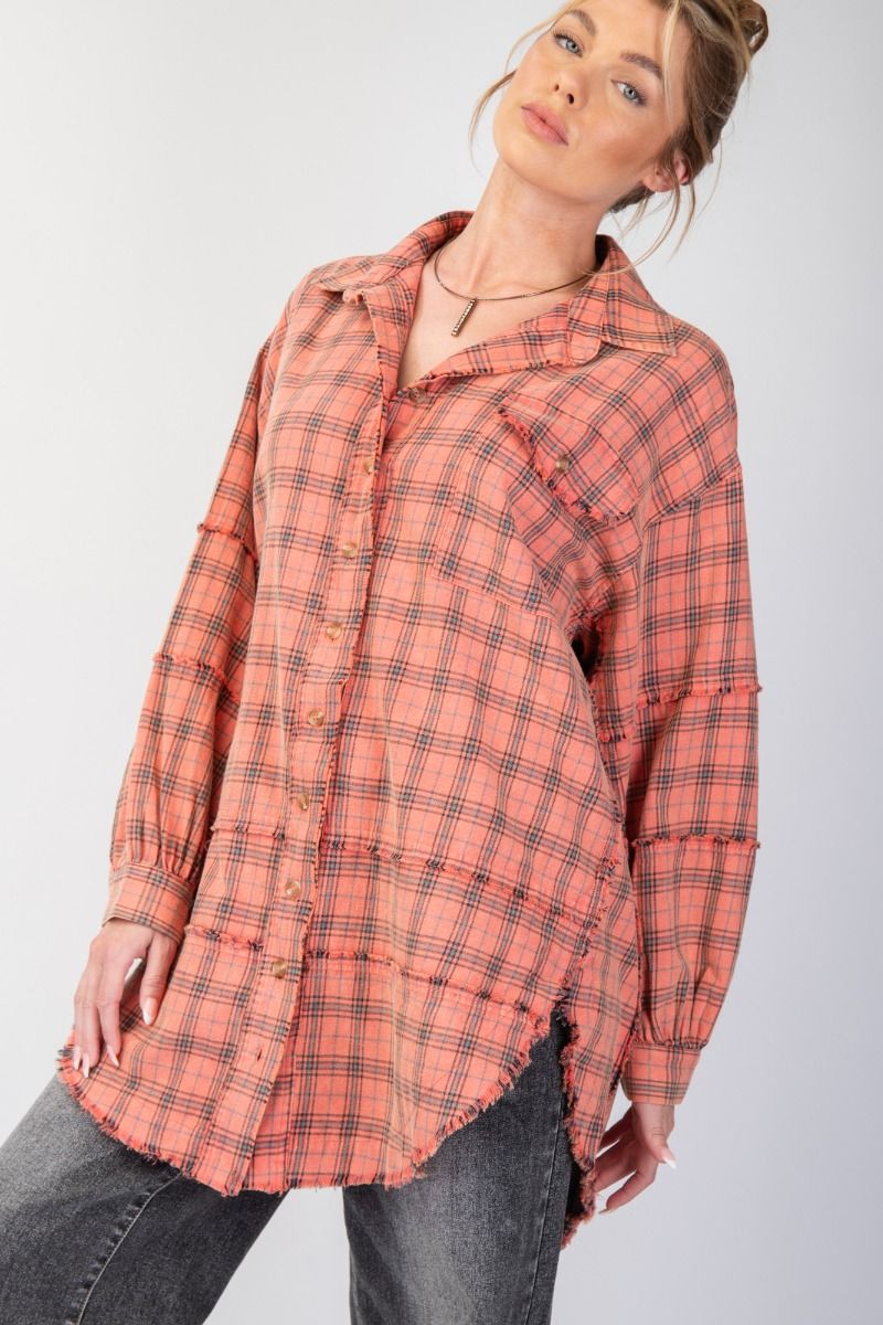 ***PREORDER*** The Perfect Plaid Oversized Mineral Washed Shirt in Coral Cream