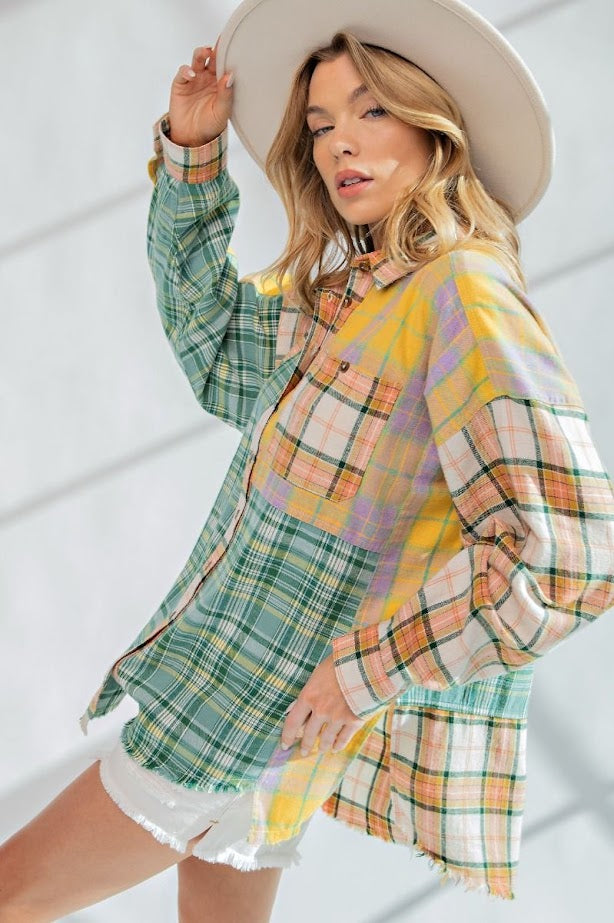 Wandering Soul Plaid Button Down in Sunflower Leaf