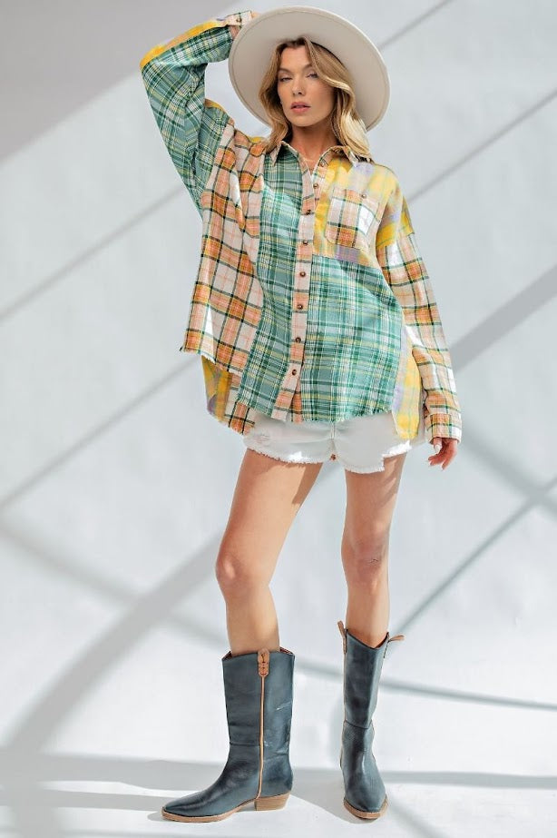 Wandering Soul Plaid Button Down in Sunflower Leaf