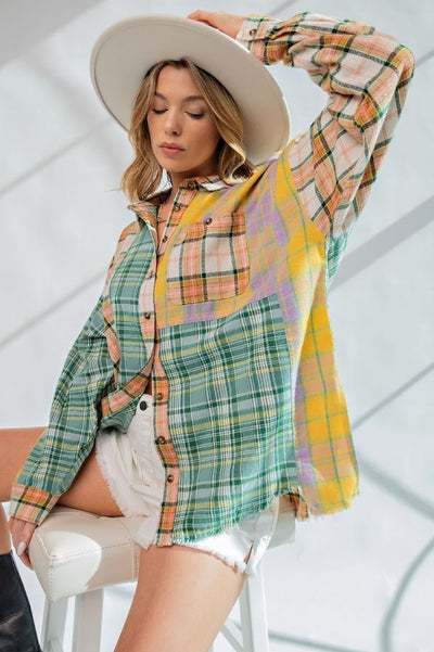 Wandering Soul Plaid Button Down in Sunflower Leaf