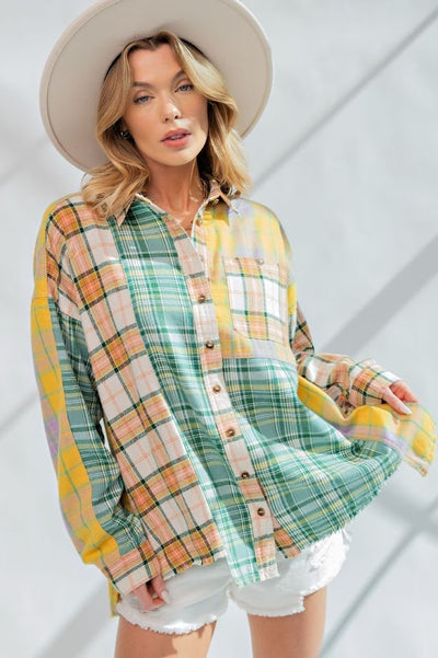 Wandering Soul Plaid Button Down in Sunflower Leaf