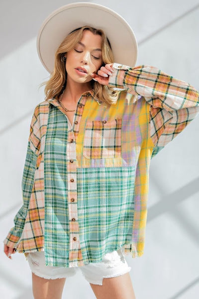 Wandering Soul Plaid Button Down in Sunflower Leaf