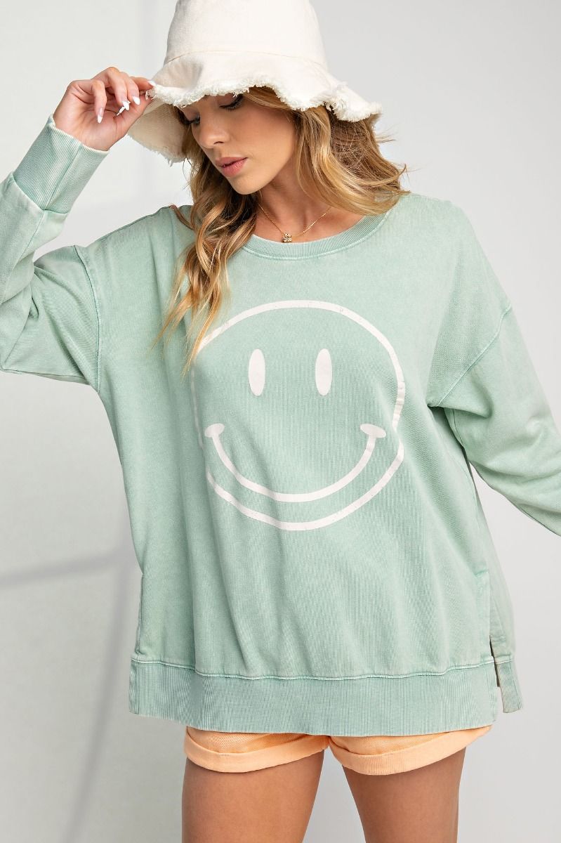 If You Say So Smiley Face Pullover Top in Seafoam