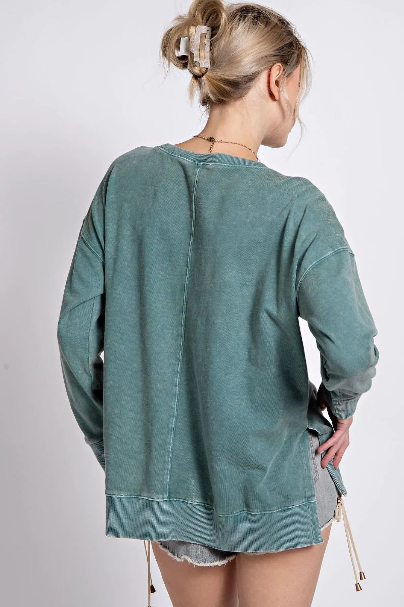 Don't Forget to Smile Mineral Wash Top in Dried Teal Green
