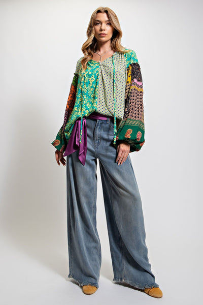 Love Language Boho Flowy Blouse in Atlantis Green