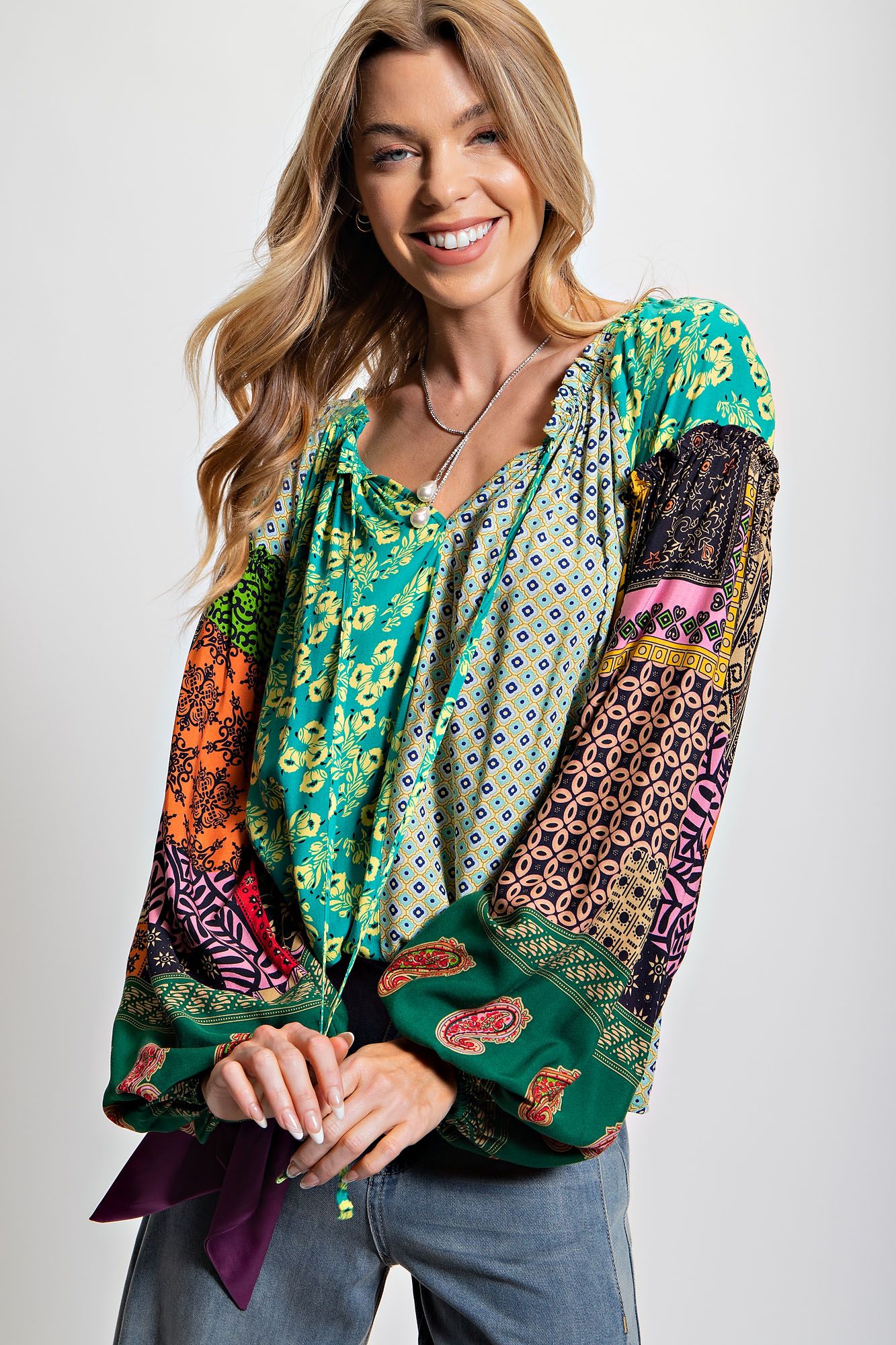 Love Language Boho Flowy Blouse in Atlantis Green