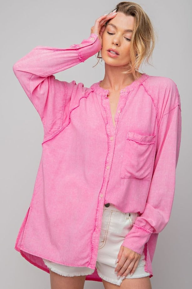 Jadey Mineral Washed Button Down Tunic in Barbie Pink