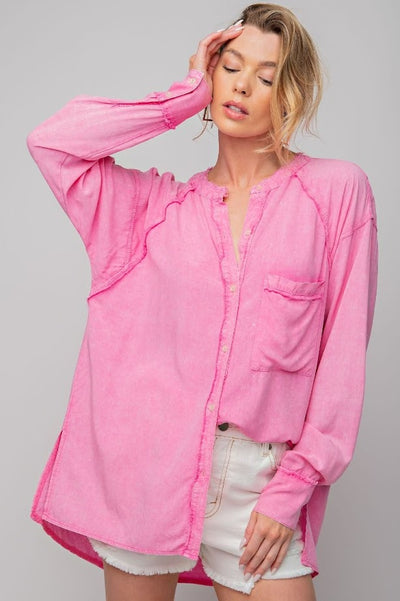 Jadey Mineral Washed Button Down Tunic in Barbie Pink