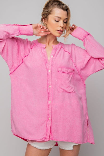 Jadey Mineral Washed Button Down Tunic in Barbie Pink