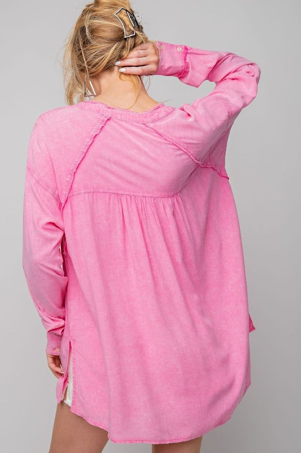 Jadey Mineral Washed Button Down Tunic in Barbie Pink