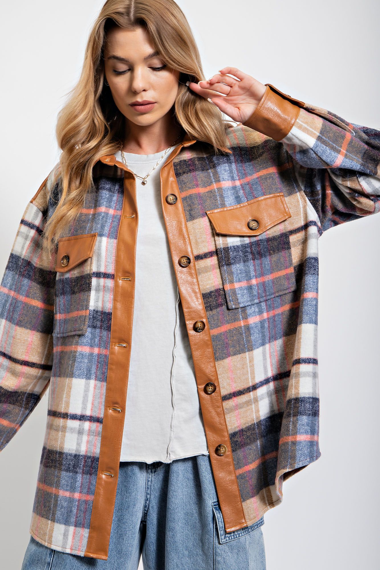 A Forever Thing Contrast Button-Down Shacket in Denim