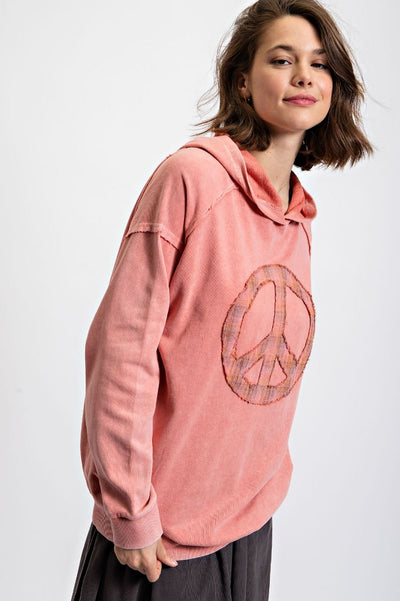 Peacemaker Washed Terry Knit Pullover Hoodie in Coral