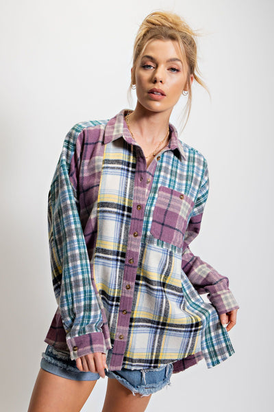 Mix It Up Plaid Button Down Shacket in Lavender Blue