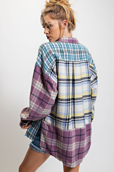 Mix It Up Plaid Button Down Shacket in Lavender Blue