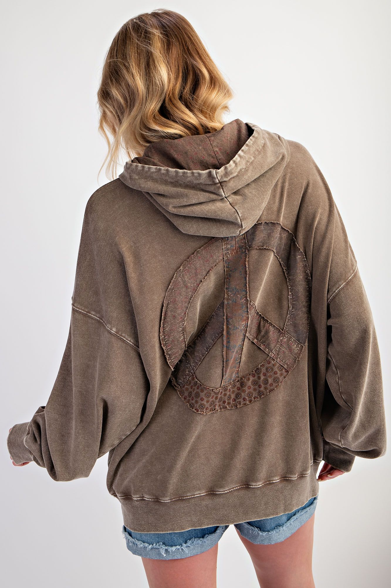 Heart and Soul Peace Sign French Terry Hoodie in Coffee