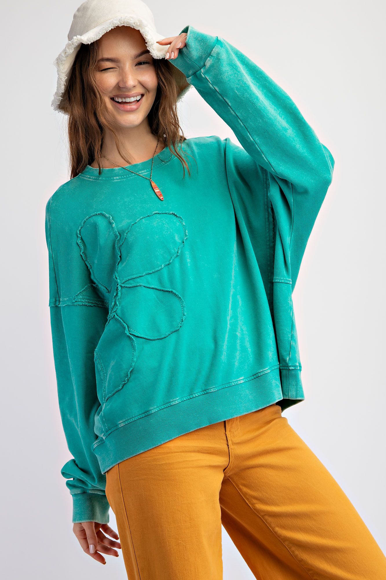 Flower Child French Terry Pullover Top in Atlantis Green