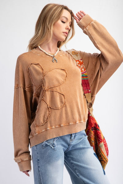 Flower Child French Terry Pullover Top in Toast