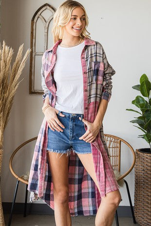 Love You a Latte Mixed Plaid Duster in Berry