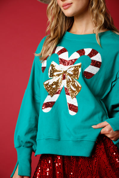 Candy Cane Lane Sequin Crewneck in Green